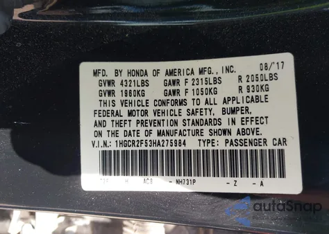 2017 Honda Accord Sport from USA, damaged, VIN 1HGCR2F53HA275984